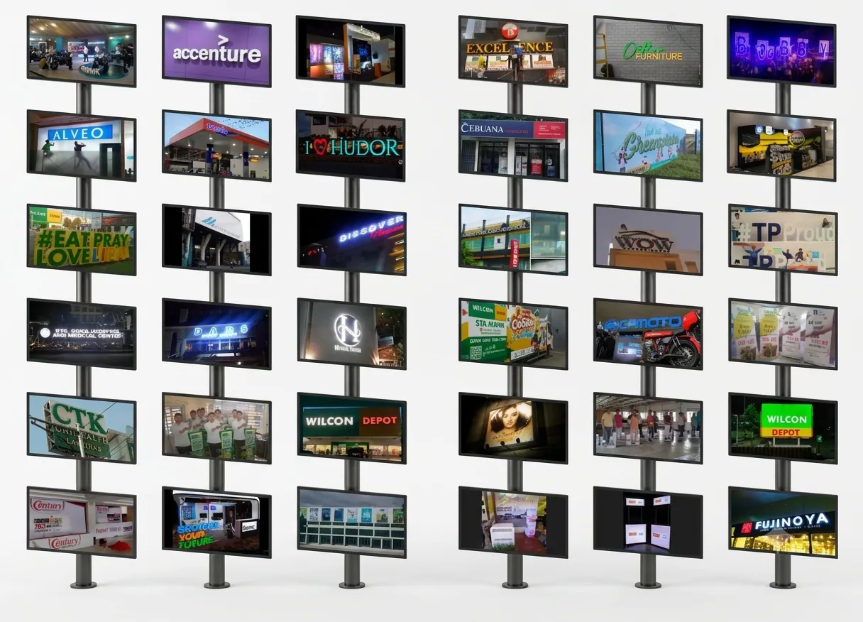 Wall of past signage, booth, and large format projects fabricated and installed by SOP Graphics and Advertising